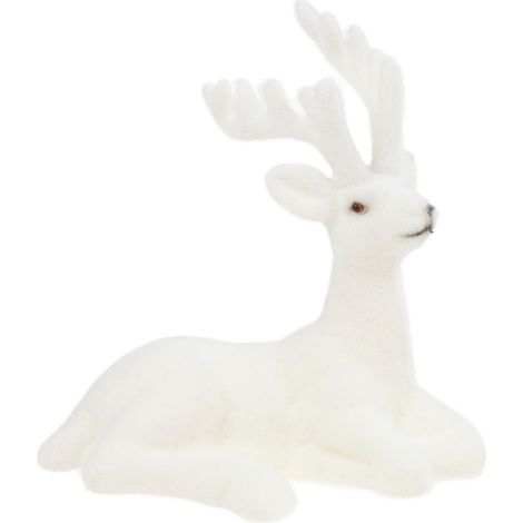 TG56926-1 RENNA DECORATIVA IN VELLUTO BIANCO FLACCATO, DECORAZIONE NATALIZIA, POSIZIONE SDRAIATA
