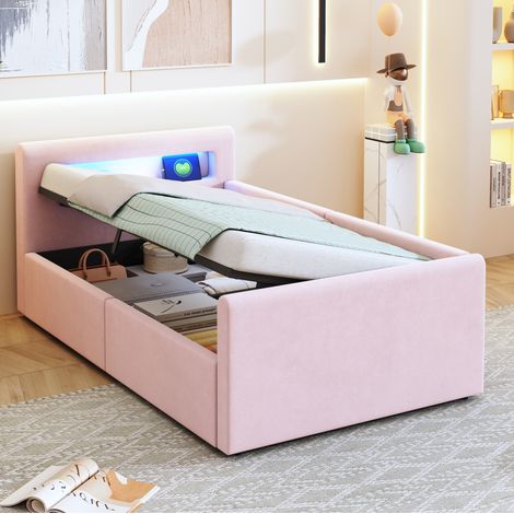 MEUBLIV Lit enfant rembourré 90 x 200cm, lit simple avec LED et USB, espace de rangement sous le lit, velours rose, dossier latéral réversible (1/5)