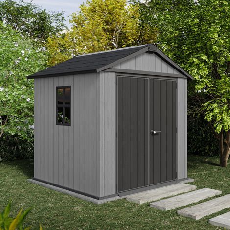 Cabane de Jardin Oneonta, Verrouillable, Finition Résine, Fenêtres, Toit Double Pente, 230x224x246h cm Gris (1/5)