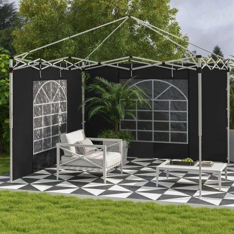 Lot de 2 parois latérales pour tonnelle 3x3/3x6 m, fenêtres double couche, portes zippées, polyester Oxford imperméable, noir (1/5)