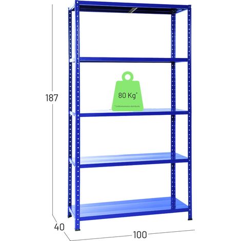 SCAFFALE IN METALLO BLU ETTORE KIT BULLONI 100 X 40 X H 187 CM 5 RIPIANI (1/3)