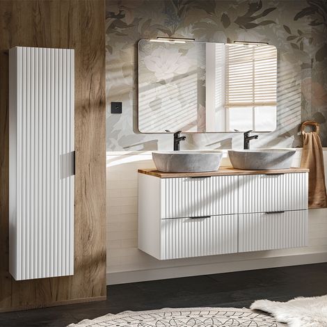Conjunto mueble doble lavabo 120cm y columna Adriel Blanco y imitación Piedra