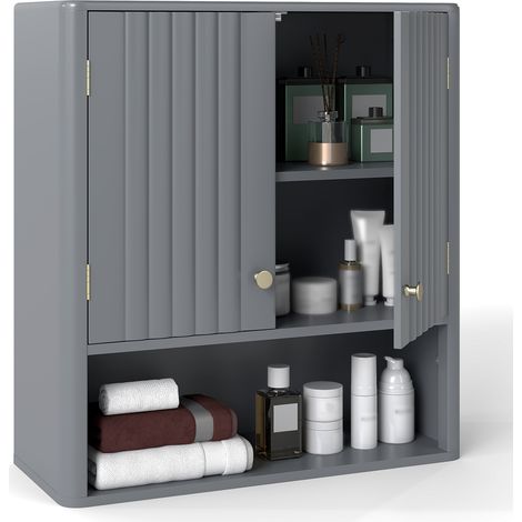 COSTWAY Fluted Bathroom Wall Cabinet Modern Double Door Medicine Cabinet-Grey (1/5)