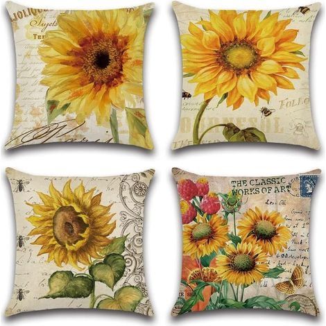 Lot de 4 - Taies d'oreiller Polyester Lin Taies d'oreiller Housse de Coussin Décoration pour Chambre Lit Voiture De La Maison Canapé 45 x 45 cm (Tournesols) (1/5)