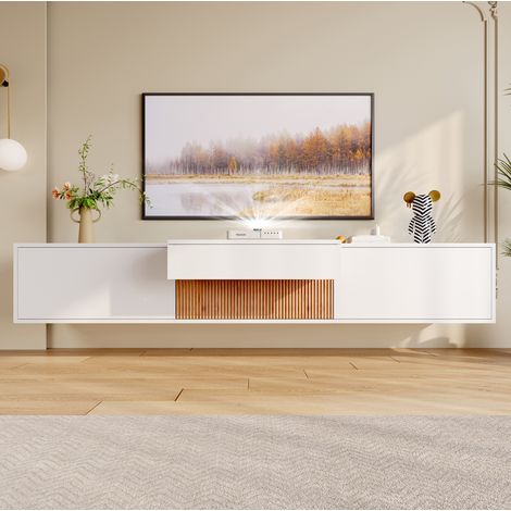 Mueble TV 180x34x30 cm blanco en tablero de partículas con montaje mural o de pie y bandeja oculta para proyector (1/5)
