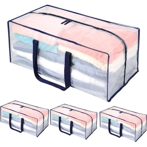 Lot de 4 Sac de Rangement Extra Larges et Résistants, Fermeture Eclair, Déménagement, Sac Rangement Vêtement, Grand Sac de Voyage XXL, Sac Déménagement, Durable (Transparent - Lot de 4) (1/5)