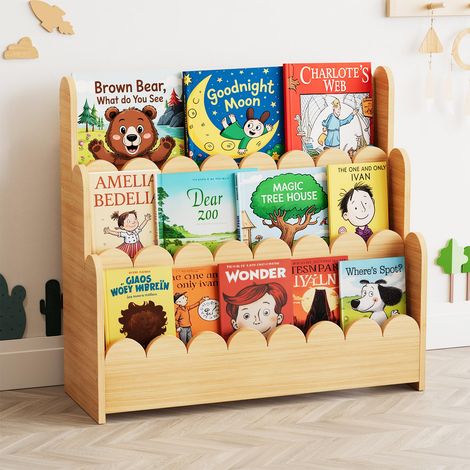 Montessori Bibliothèque festonnée à 3 Niveaux pour Tout-Petits, étagère à Livres en Bois pour Chambre d'enfant, Salle de Jeux, crèche et Salle de Classe, Naturel (1/5)