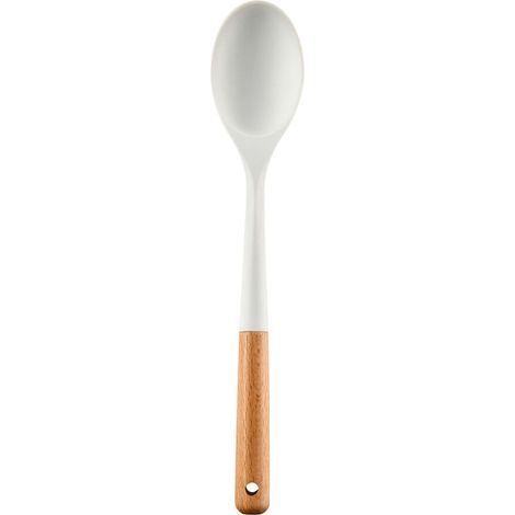 Grande cuillère de cuisine en silicone antiadhésive avec manche en bois massif - Cuillère de cuisine en silicone résistante à la chaleur pour cuisiner, servir, étaler et remuer - 32,5 cm (blanc crème) (1/5)