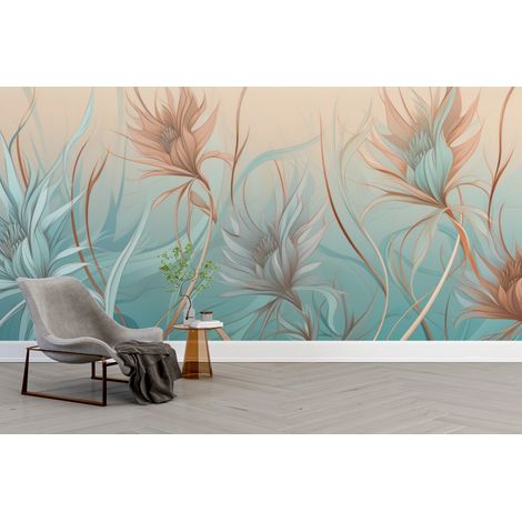 Papier peint nature - herbes à plume sur fond bleu azur - 400 x 260 cm (1/2)