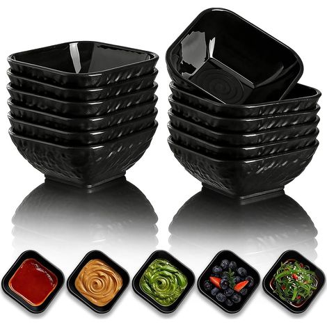 Set de 12 Bols à Sauce - 180mL - Plastique Noir Texture Pierre - Résistants et Empilables - Apéritifs et Condiments - Noir Mat (1/5)
