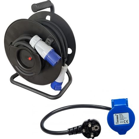Pack Enrouleur de câble électrique Camping 3600W 25M P17 + Adaptateur Femelle P17 - 230V CEE 50cm pour Camping-Car