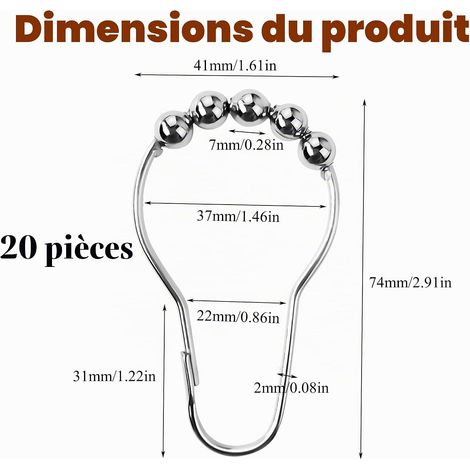 20 Pièces Anneaux Rideaux de Douche - Crochets Salle de Bain, Salon, Chambre à Coucher (Argent)