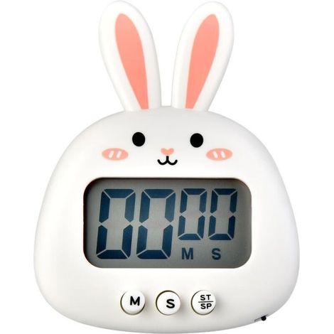 Joli minuteur de cuisine en forme de lapin - Grand écran - Numérique - Chronomètre magnétique avec horloge, compte à rebours - Mini minuterie de cuisson (sans batterie) - Blanc (1/3)