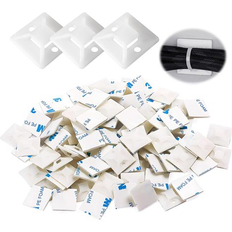 Pack of 100 Adhesive Bases for Cable Ties 20 x 20 mm White, Self-Adhesive, Plastic Cable Clamp for Wall Mounting, Cable Clamp for Wire Management (1/5)