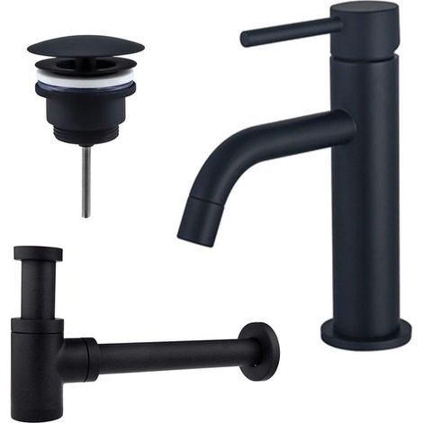 Fortifura Calvi Slim Kit mitigeur lavabo - robinet bas - bonde non-obturable - siphon design bas - Noir mat