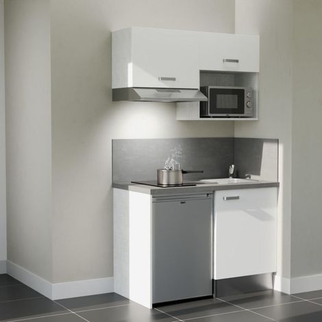 Kitchenette K02L-PT - 120 cm - plan stratifié, évier inox, - Façade Blanc - Plan Gris béton - Evier Inox - Crédences Oui + Electroménager inclus coloris Inox