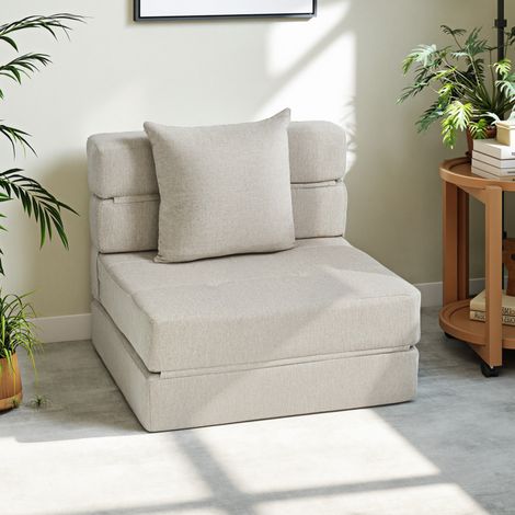tissu beige, Chauffeuse canapé-lit convertible fauteuil 1 place avec 1 coussin déhoussable