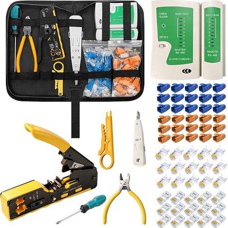 Kit d'outils de sertissage RJ45, kit d'outils pour Cat5, Cat6, Cat7, dénudeur et outil de coupe, kits d'entretien de câbles Ethernet, testeur de câbles, Cat5/6/7, 25 fiches, pour câble LAN (1/5)