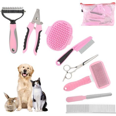 Set of 9 dog and cat brushes, self-cleaning brush, rope comb, paw scissors with file, flea comb, bath gloves, professional grooming set for short hair and (1/5)