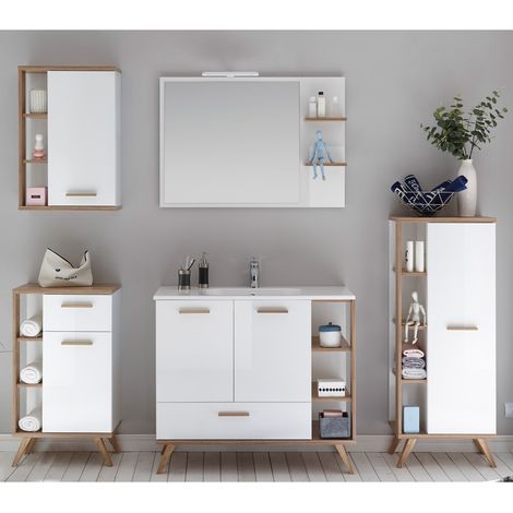 Badmöbel Komplettset MALANJE-66 in weiß glänzend & Riviera Eiche quer Nb., mit Spiegel und Waschbecken - B/H/T: 232x200x46cm (1/5)