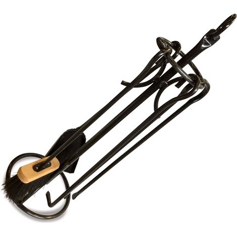 Serviteur cheminée acier 4 accessoires Socle + pelle + balayette + tisonnier + pince - Anneau - Serviteur cheminée (1/5)