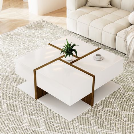 Table basse carrée brillante 78x78x34,8 cm, avec 4 tiroirs, couleur unique et design linéaire en bois, espace de rangement en bas, style scandinave, salon, bureau - Blanc (1/5)