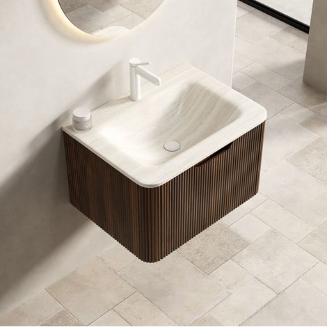 Mueble de lavabo mural 60x46x36 cm de piedra beige, diseño moderno para baño FloraGrace (1/5)