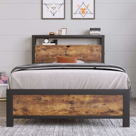 Lit métal 90x200 cm avec tête de lit rangement, cadre de lit industriel, sommier à lattes métal inclus, lit enfant, adolescent et adulte, sans matelas (1/5)