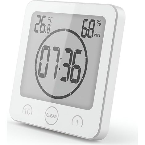 Reloj de ducha para baño, resistente al agua, control táctil, alarma digital LCD, termómetro higrómetro, temporizador de cuenta regresiva, funciona con pilas, para maquillaje y cocina (blanco)