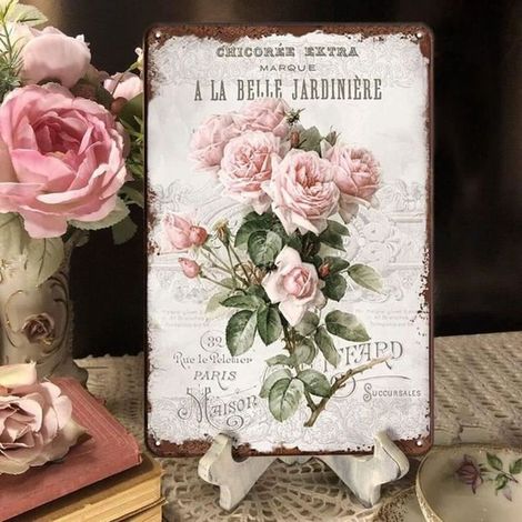 rosafarbenes Metallwandpaneel im Shabby-Chic-Retro-Stil mit floraler Dekoration, 20 x 30 cm, für den Innen- und Außenbereich (1/5)