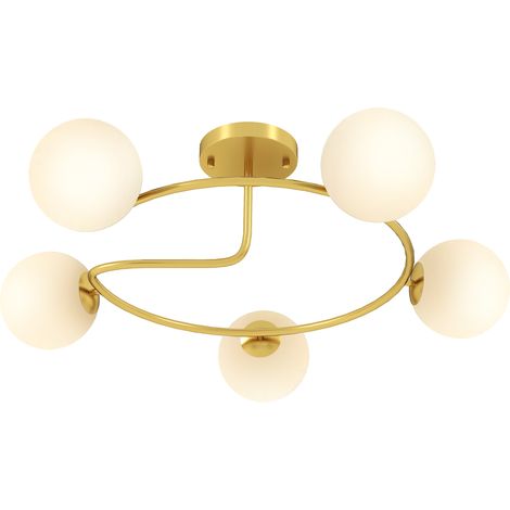 Plafonnier lustre 5 lumières G9 semi-affleurant doré blanc