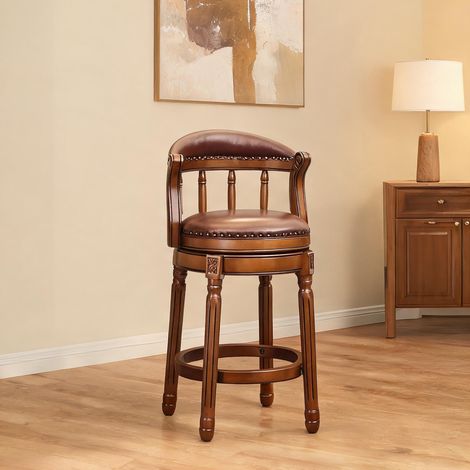 Tabouret de bar pivotant 360° en cuir véritable et bois massif (1/5)