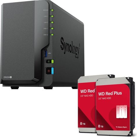 Carcasa de servidor NAS Synology DiskStation DS224+ de 2 bahías + disco duro WD Red Plus SATA de 3,5" de 16 TB (2 x 8 TB) (1/4)