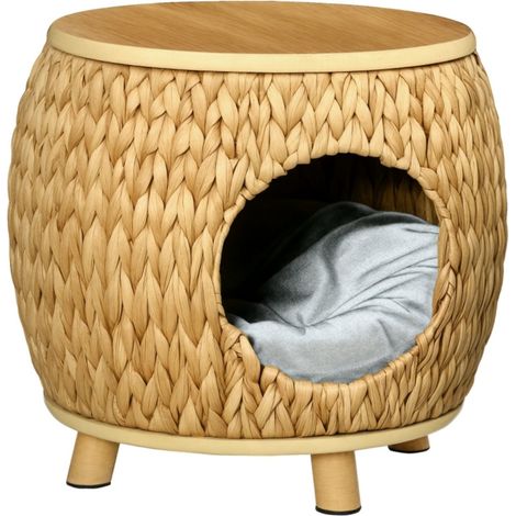 Maisonnette pour chat en forme de jacinthe d'eau avec coussin lavable. 44x43x42 cm, couleurs marron clair, bois naturel et gris (1/5)