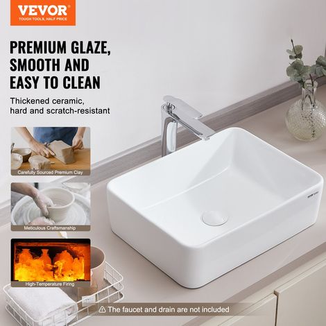 Lavabo rectangulaire, 482 x 373 mm, vasque à poser en céramique blanche au-dessus du comptoir, style moderne, lumineux et élégant,… (1/5)
