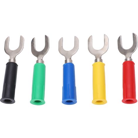 Lot de 10 connecteurs de fils en forme de fourche/pelle, en forme de U de 8 mm/0,3 pouce, construction en laiton, finition PVC, trou de 4 mm/0,2 pouce, fiche banane de type Y. (1/5)