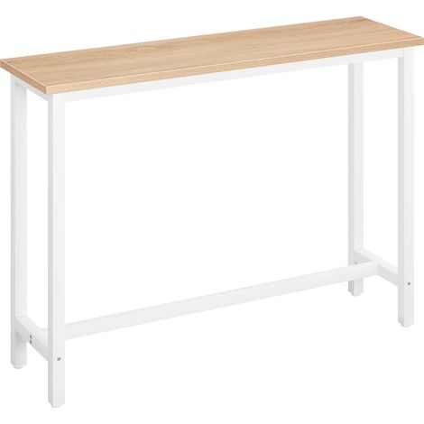 Woltu – Table de bar en métal avec plateau MDF 140x40 cm – Hauteur 100 cm – Chêne foncé – Résistante aux rayures et facile à nettoyer (1/5)