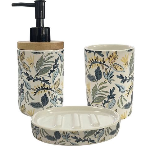 Set salle de bain 3 pièces céramique – Distributeur de savon, porte savon, porte brosse à dents – Décoration effet matière – Couleur bleu – Guy Levasseur