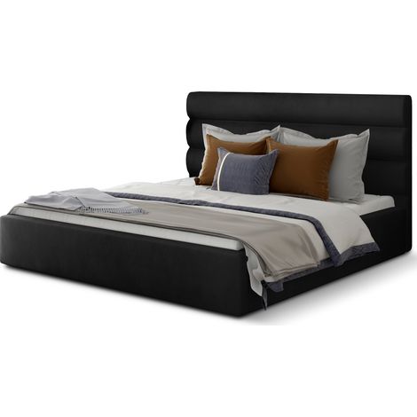 Lit adulte avec coffre de rangement Klarina - Velours rembourré-Noir-160x200 (1/5)