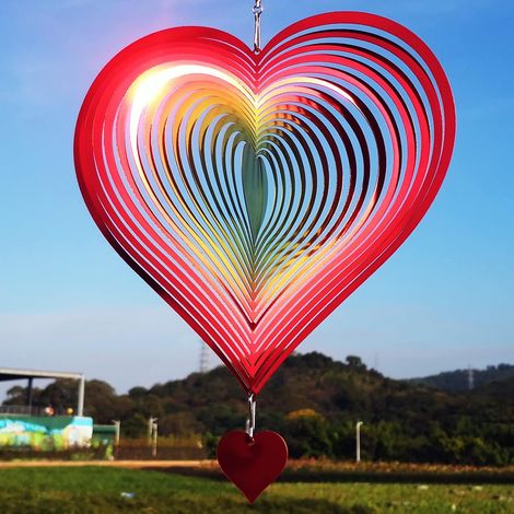 Girouette en forme de cœur 3D, dégradé violet-vert, sculpture suspendue en acier inoxydable, décoration cinétique pour jardin, terrasse ou intérieur. Idée cadeau. (1/5)
