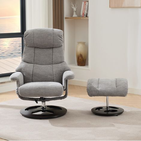 Fauteuil relax massant chauffant, inclinable avec repose-pieds, rotatif 360°, chenille grise, OKWISH (1/5)