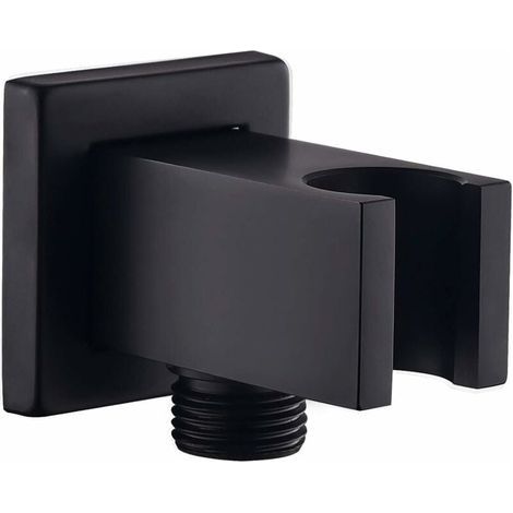 Coude d\'alimentation mural avec support de douchette, raccord de tuyau de douche carré en laiton 1/2″, sortie d\'eau murale Drop Ell Union, noir (1/5)