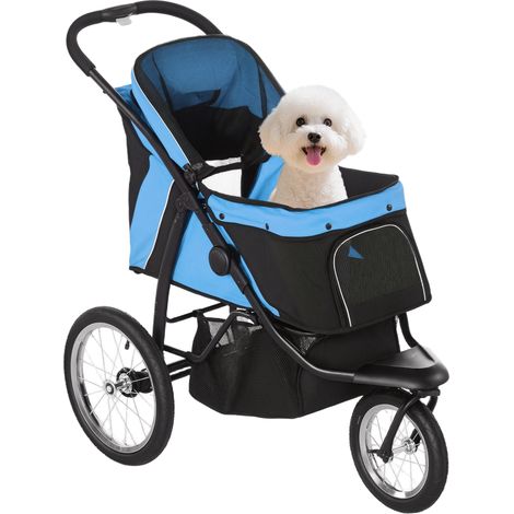 PawHut carrito para perros medianos pequeños con cesta de almacenaje capota ajustable ventana de malla y 3 ruedas grandes 111x58x107 cm azul (1/5)