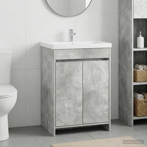 Meuble Sous Lavabo De Salle De Bain Gris Béton, Bois D'ingénierie, Portes (1/4)