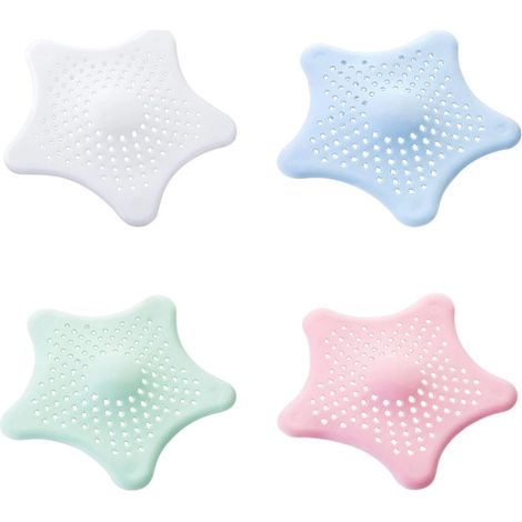 Sollbry Lot de 4 filtres à cheveux universels en silicone en forme d'étoile de mer avec ventouse pour douche, baignoire, lavabo et cuisine (Bleu& rose &vert& blanc)15×15cm. (1/5)