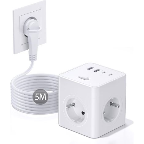 Cube Multiprise 8-en-1 avec Interrupteur, 4 Prises avec 2 USB-A et 2 USB-C, multiprise Power Cube avec Anneau de Traction, câble de 5m pour la Maison/Le Bureau, Noir (1/5)