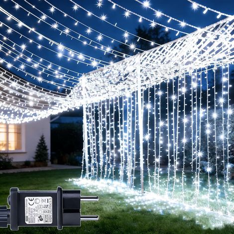 2 Pièces Rideau Lumineux Noël 6m x 3m 600 LED Guirlande Lumineuse Rideaux Alimenta Secteur, 8 Modes Étanche Guirlande lumineux pour Mariage Interieur Extérieur Decorations - Blanc
