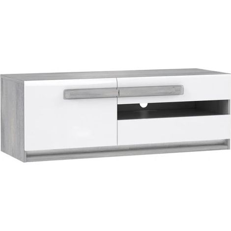 Meuble TV 160 cm 1 porte 2 tiroirs blanc et décor bois gris - ALEXIANE (1/5)