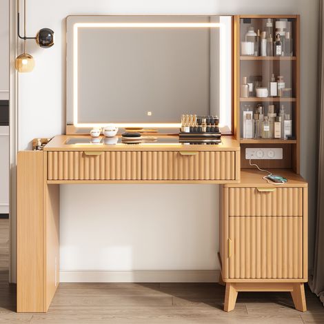 Tocador con espejo led - 133 x 40 x 136 cm - mesa de maquillaje con enchufes usb tipo-c y 3 cajones - mueble de dormitorio moderno de madera - natural