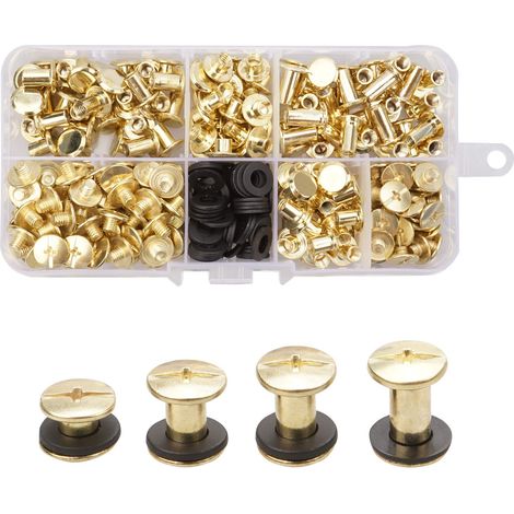 Lot de 120 vis de reliure Chicago en laiton, 4 tailles de vis, rivets en métal, bouton Chicago, vis à tête cruciforme, kit de vis Chicago pour loisirs créatifs, ceinture, portefeuille, décoration. (1/5)